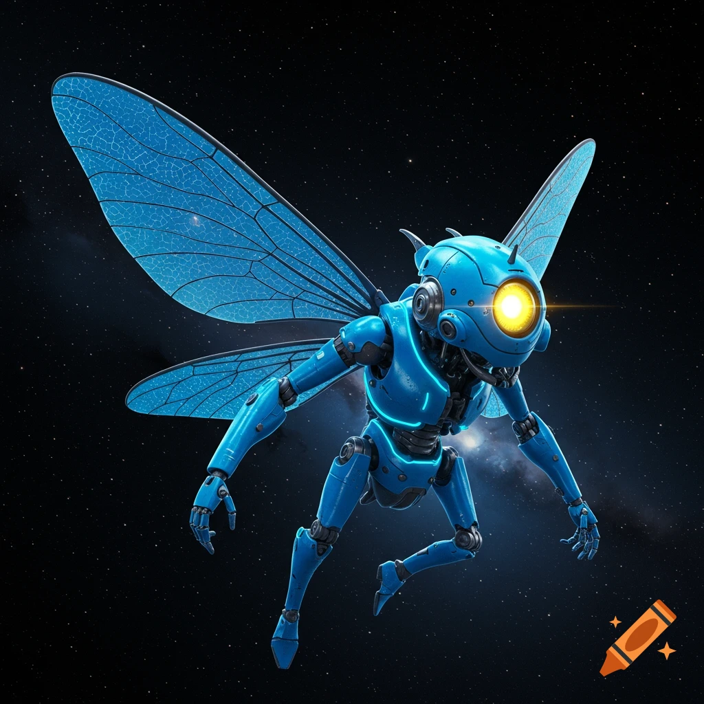 A blue robot with large translucent wings and a single yellow eye flies through starry space.
