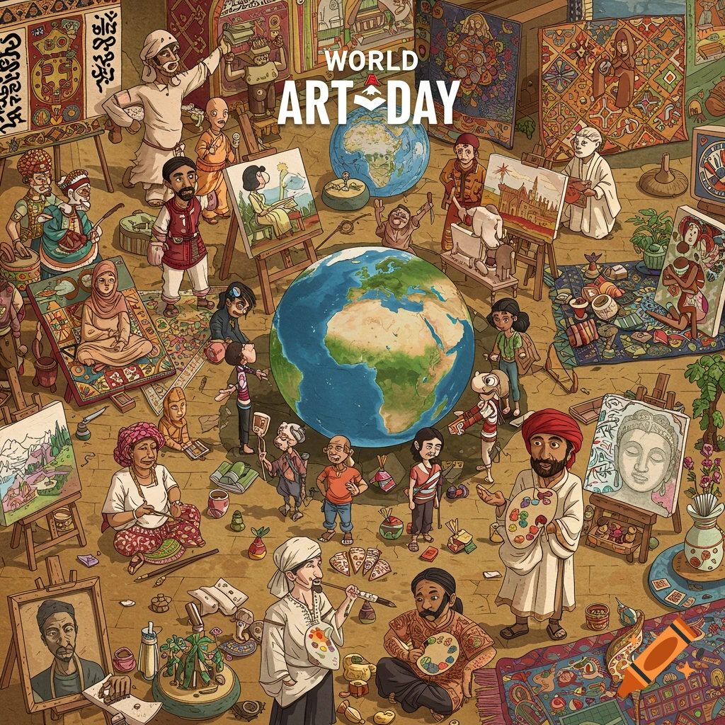 Diverse artists creating art around globes, text 'WORLD ART DAY'