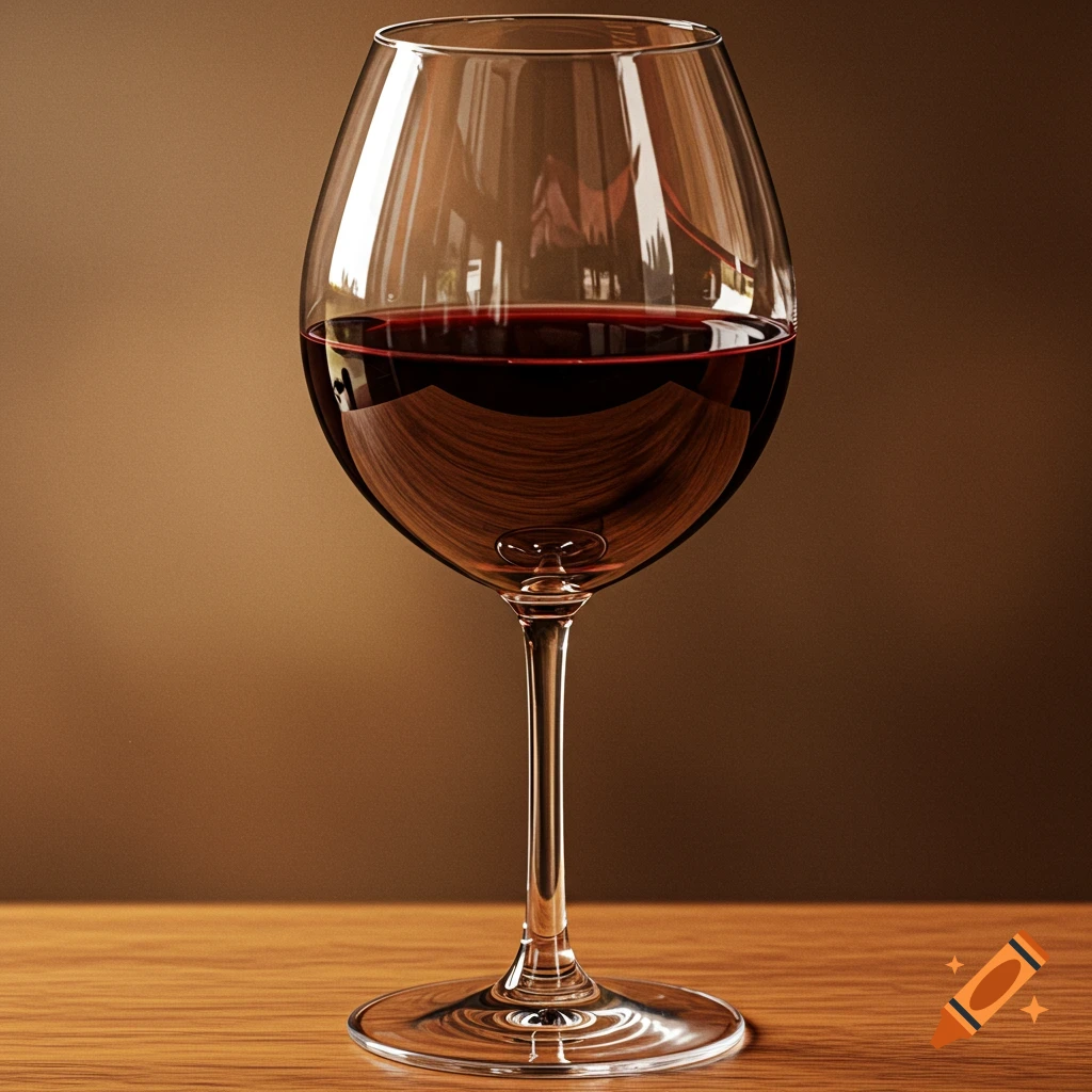 A glass of red wine on a wooden table.