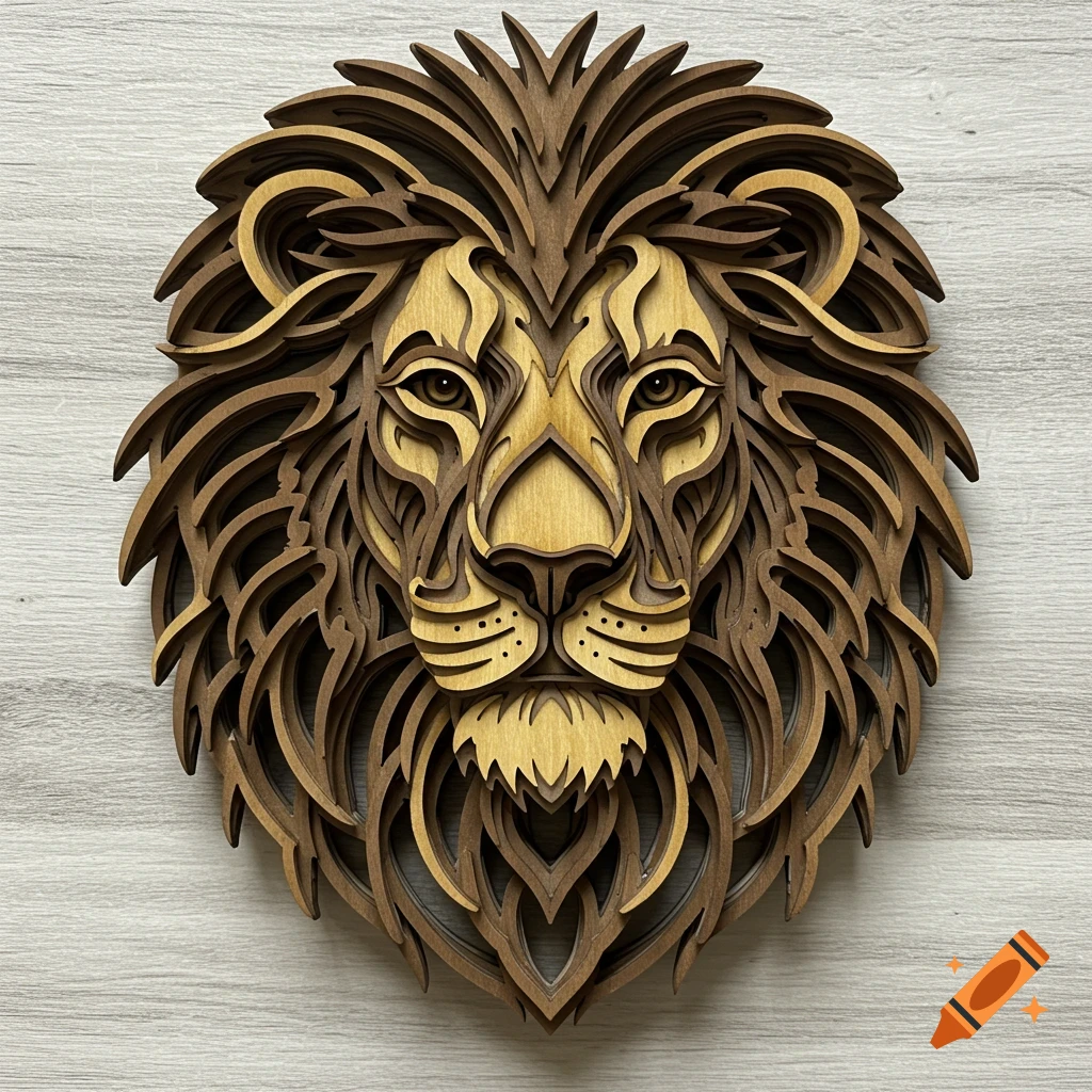 Close-up of a layered wood carving of a lion's head