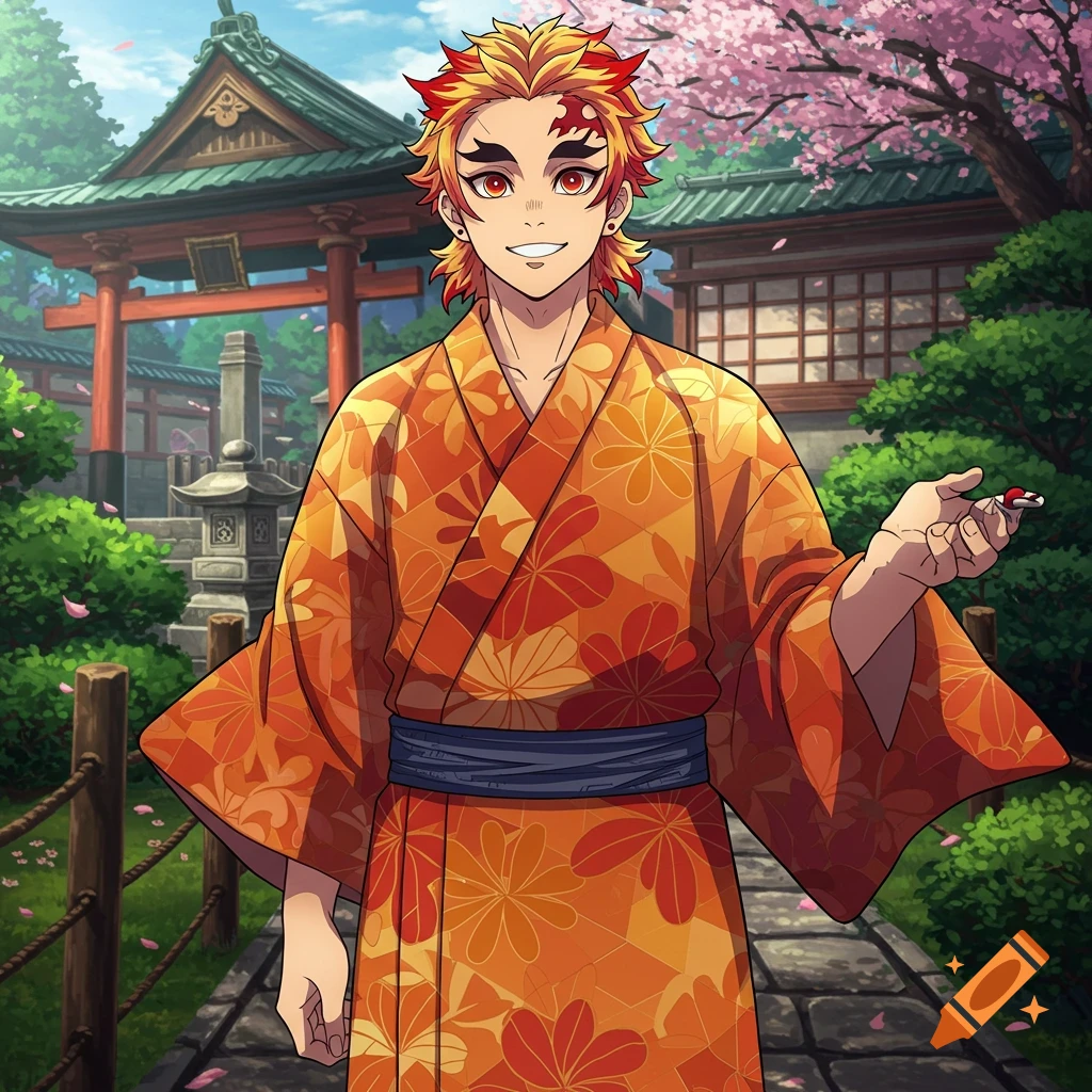 Anime character Rengoku in an orange yukata stands in a Japanese garden with a temple and cherry blossoms.