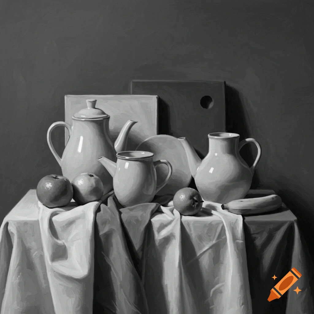 Monochrome still life with teapots, pitchers, apples, and a banana on a table.