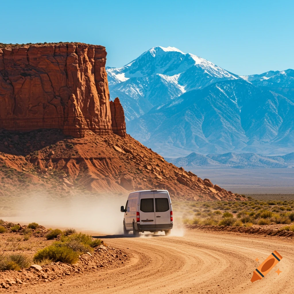 A white van drives on a dusty dirt road through a desert landscape with a red rock formation and snowy mountains.