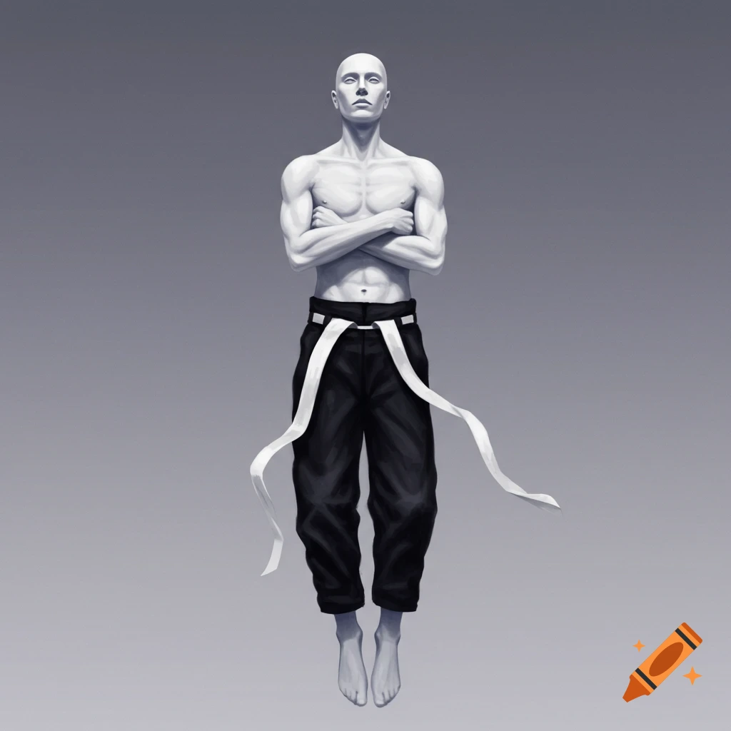 A bald man with white skin is floating, arms crossed, wearing black pants and a white belt.