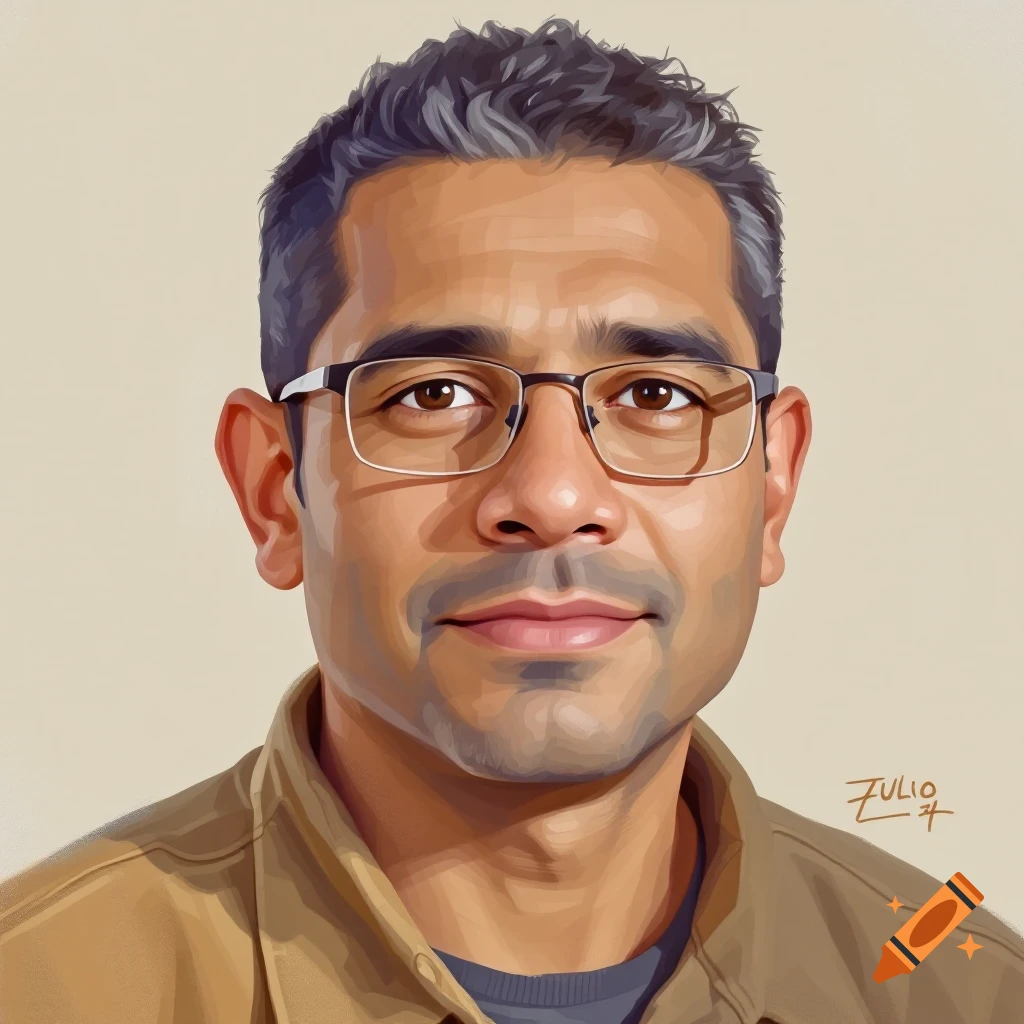 Portrait of a man wearing glasses and a brown shirt.