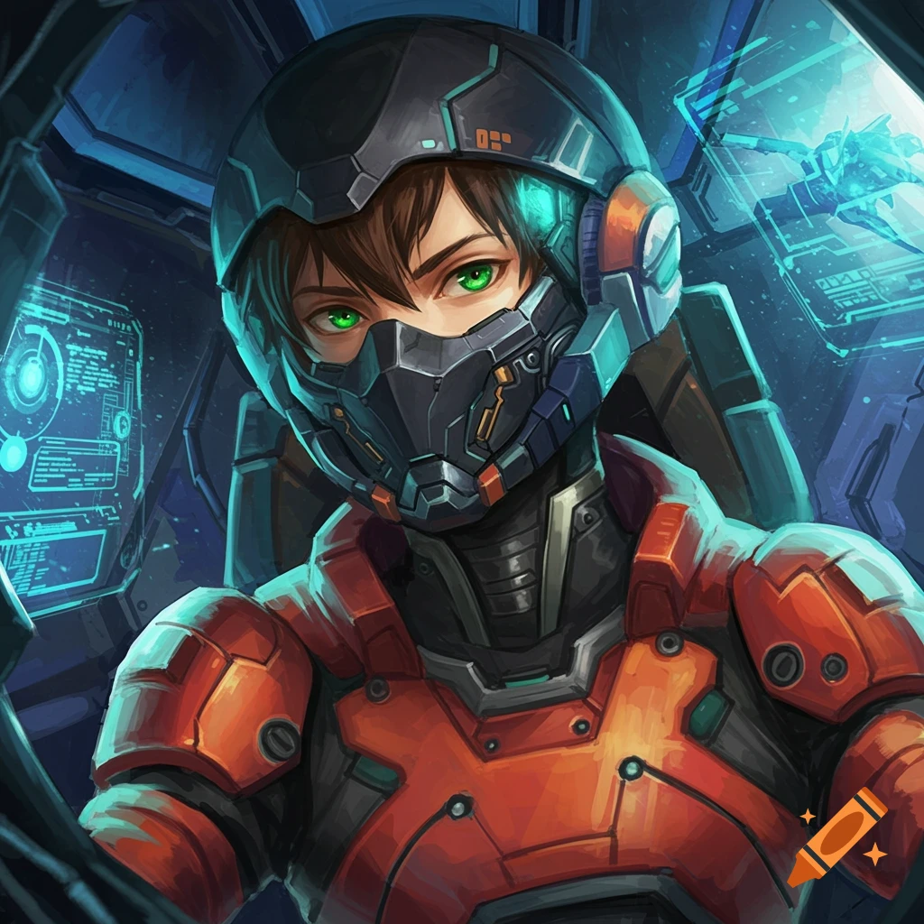 Anime style portrait of a young mech pilot in a futuristic cockpit