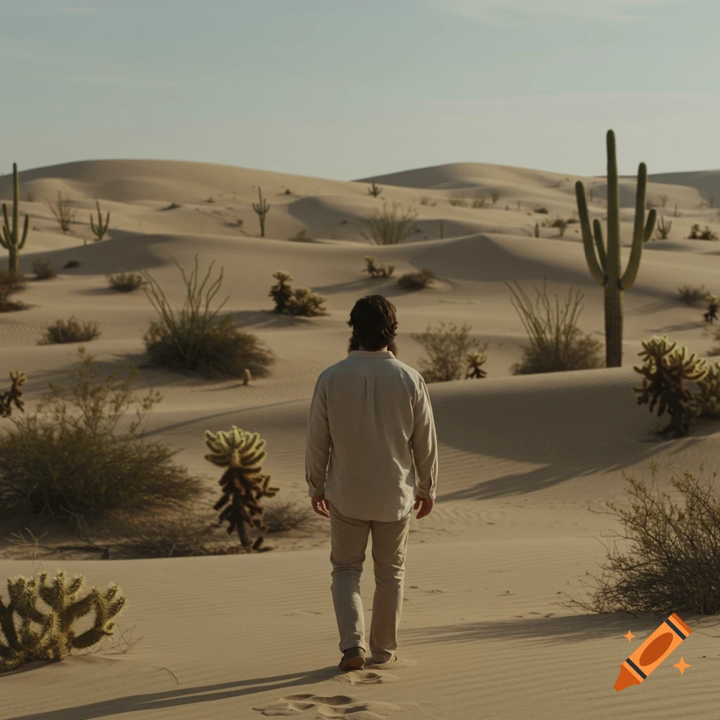 A man walks away into a desert landscape with sand dunes and cacti under a clear sky, photorealistic.