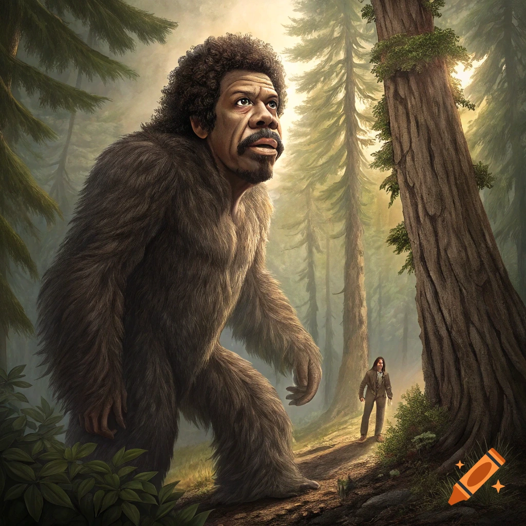 A large furry Bigfoot with a human face stands in a sunlit forest next to a giant tree, looking up, with a small human figure visible in the background.