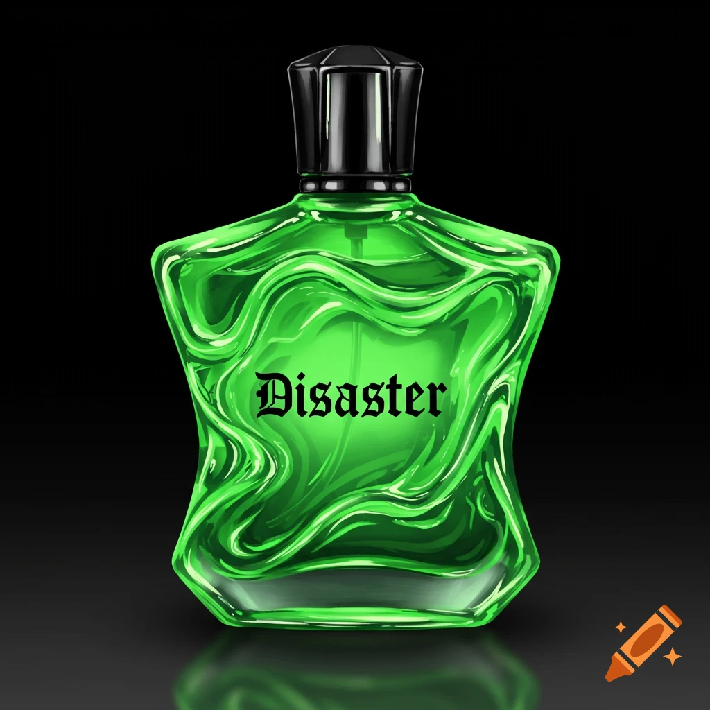 A green, creatively shaped fragrance bottle with the word "Disaster" on it, set against a black background.