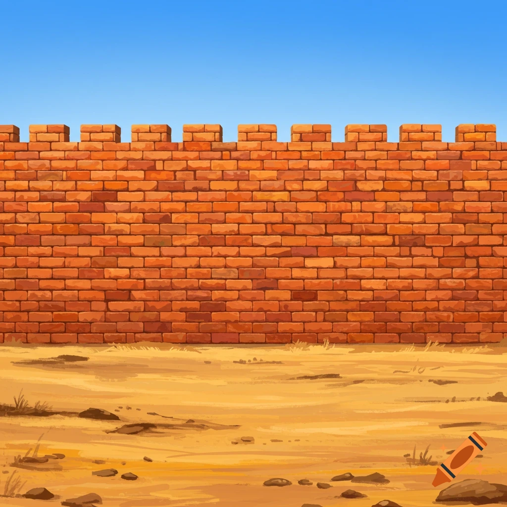 A red brick wall with crenellations against a clear blue sky, with sandy ground and rocks in the foreground.