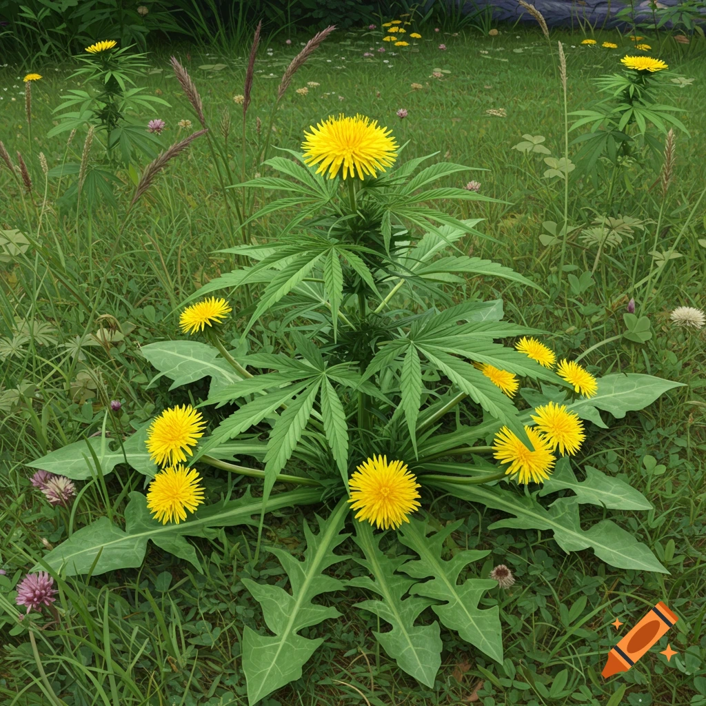 A plant hybrid with marijuana leaves and dandelion flowers in grass.