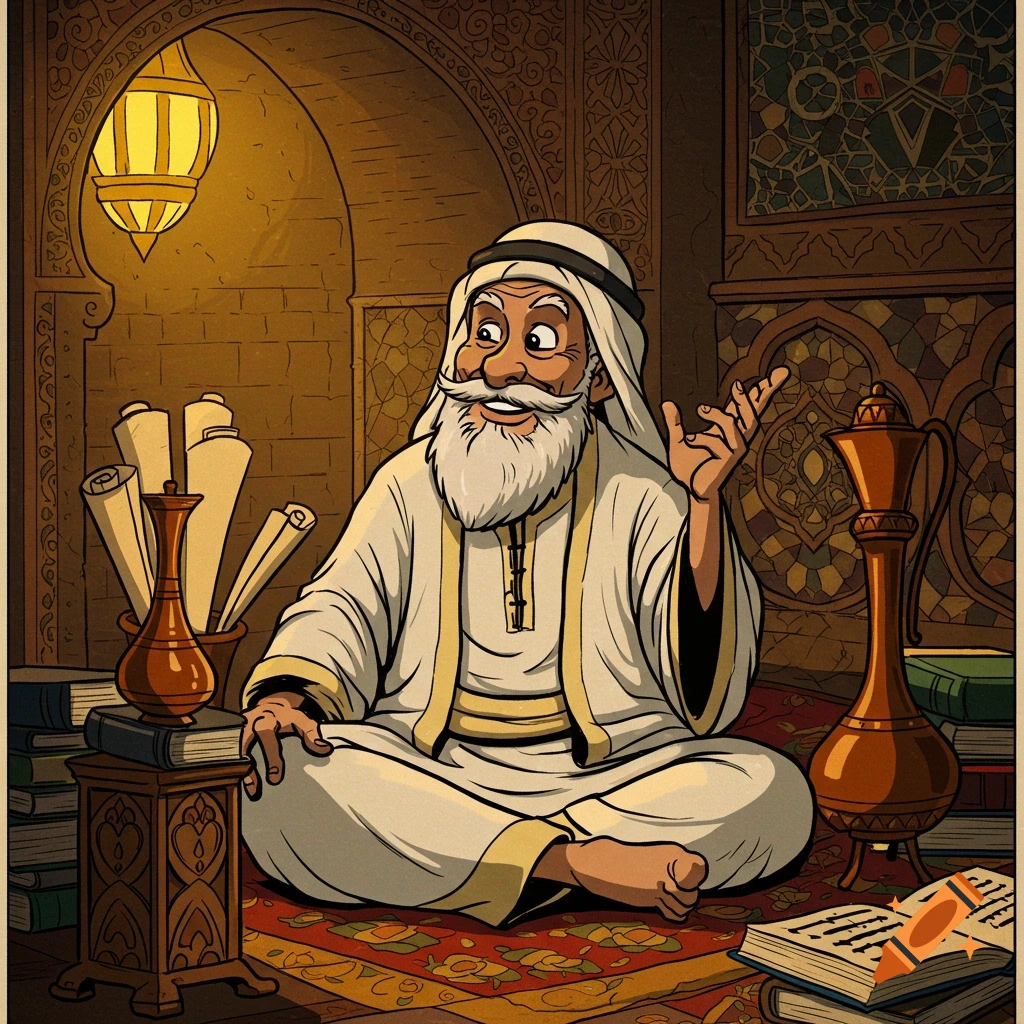 Vintage cartoon of an Arab philosopher with a beard sitting surrounded by books in a room with patterned rugs and lanterns.