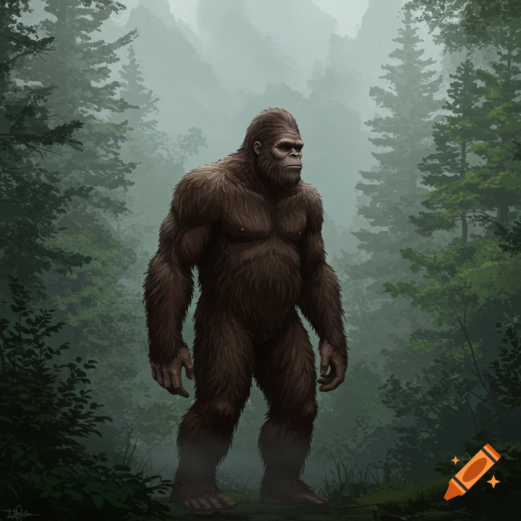 A picture of Bigfoot standing in a misty forest.