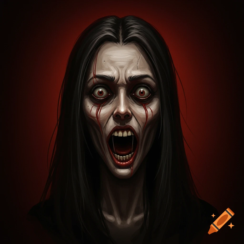 A terrifying face with wide red eyes and bloody tears, mouth open showing teeth, on a red background.