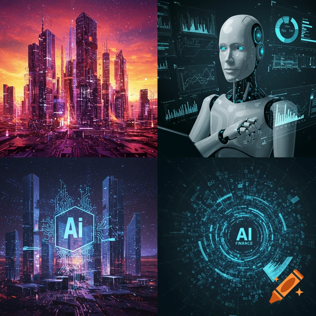 A grid of four images showing futuristic cityscapes and AI concepts.