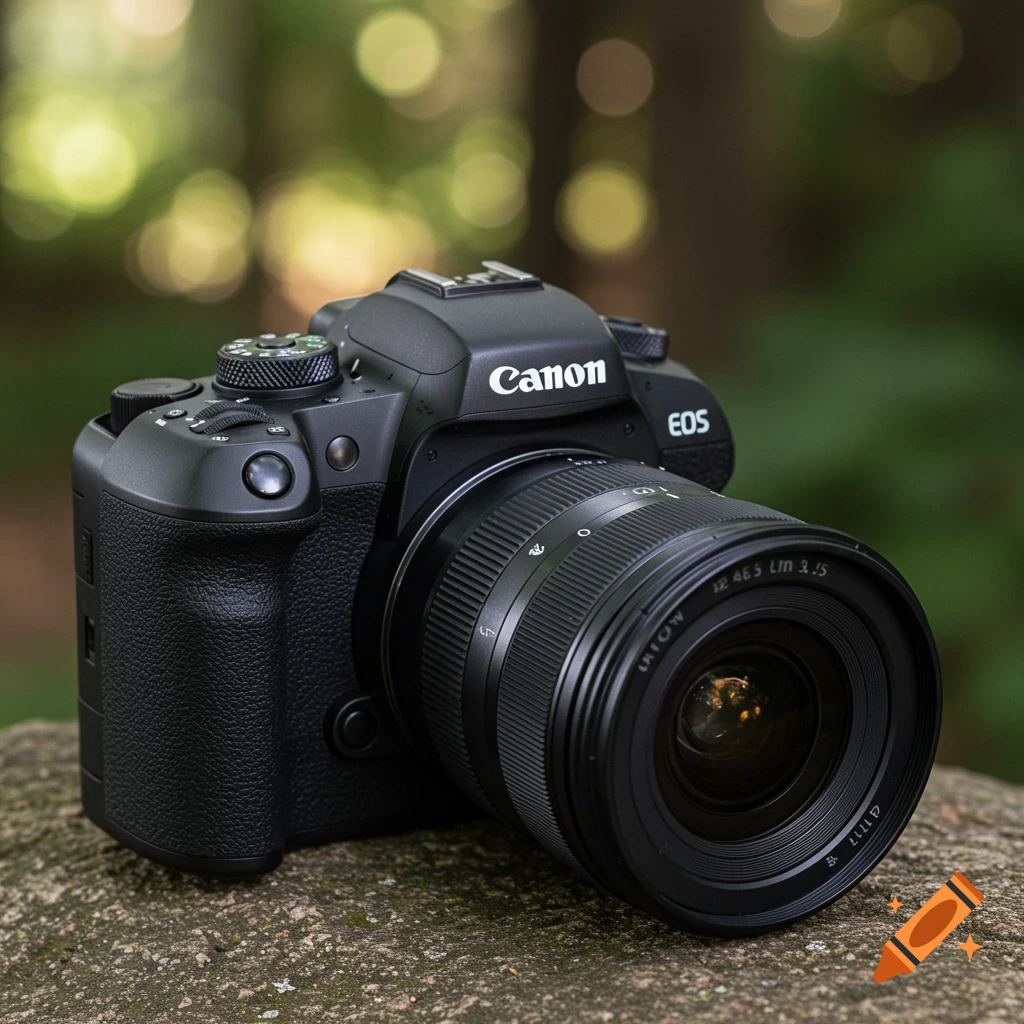 Close-up photo of a black digital camera and lens on a rock with a blurred forest background.