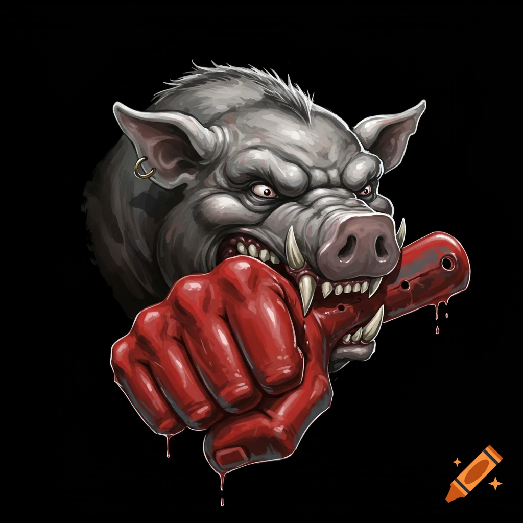 An angry boar holding a red object in a fisted hand