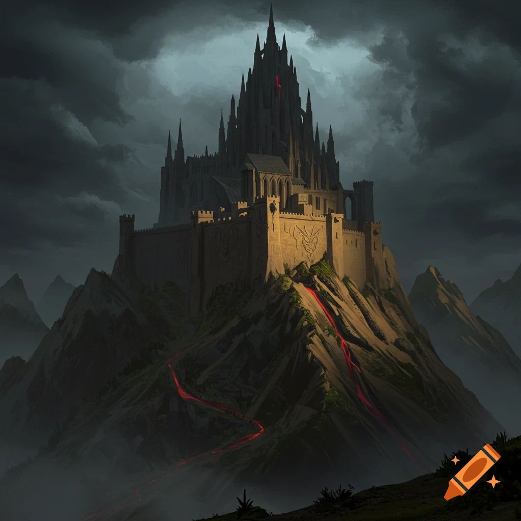 Dark fantasy castle on a rocky mountain with a red stream under a stormy sky.