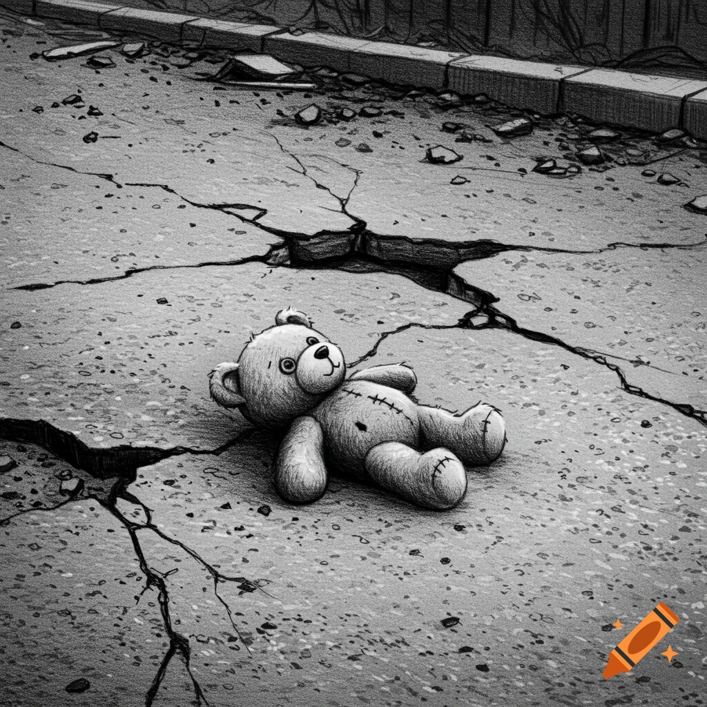 Black and white pencil sketch of a teddy bear lying on a cracked street.