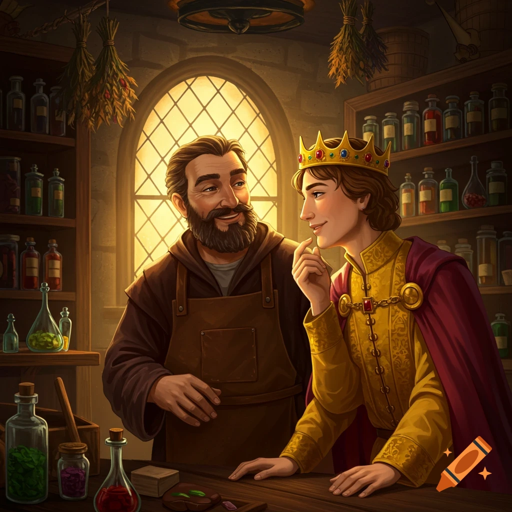 An apothecary owner and a king talking in a shop.