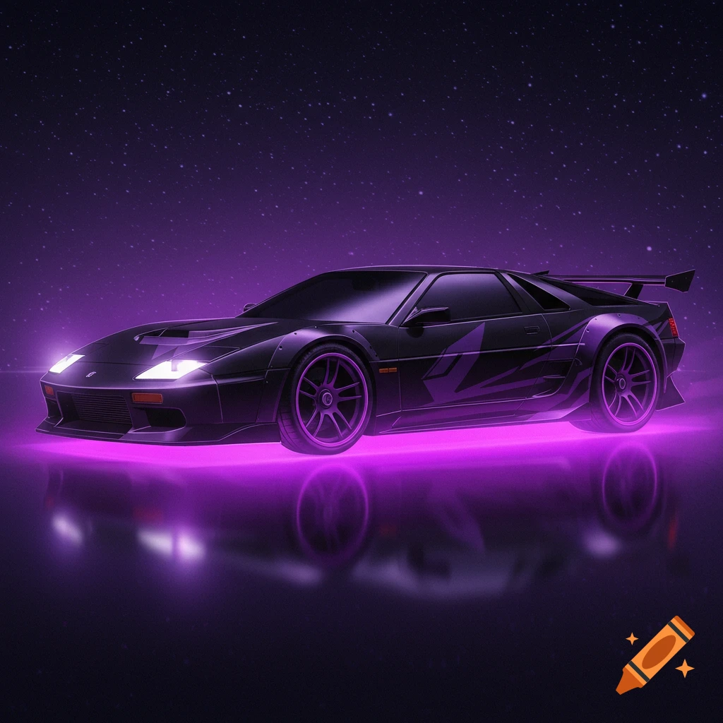 A black sports car with purple lights and underglow against a starry sky.
