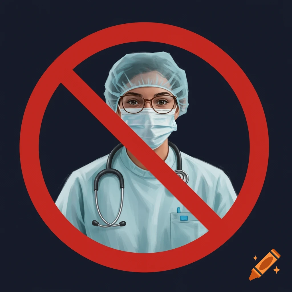 A healthcare worker with a red prohibition symbol over them