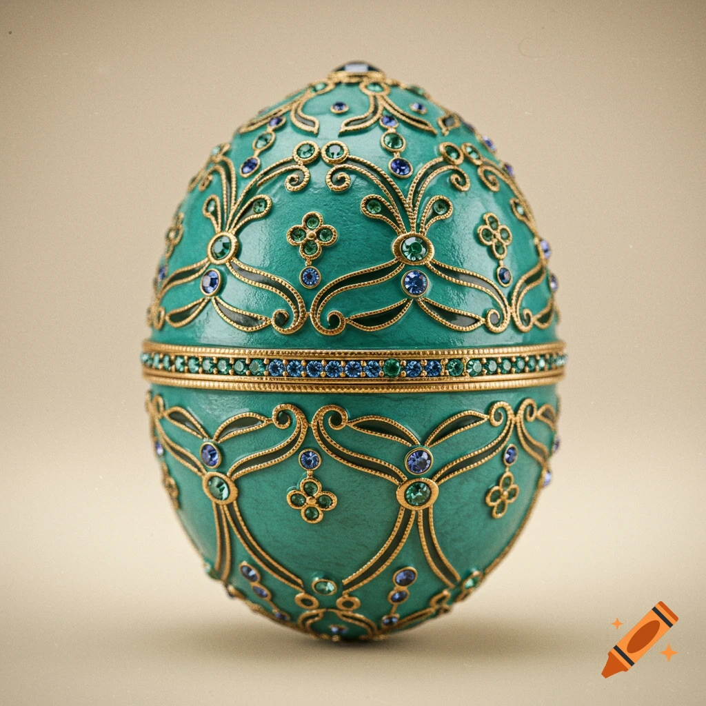 Teal Fabergé-style egg with gold filigree and blue and green gems