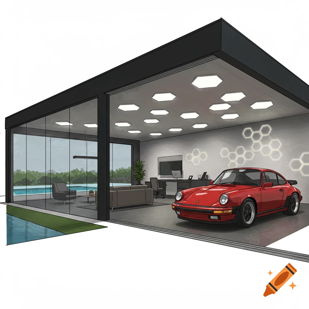 A modern garage with a red Porsche 911, office space, and pool view.