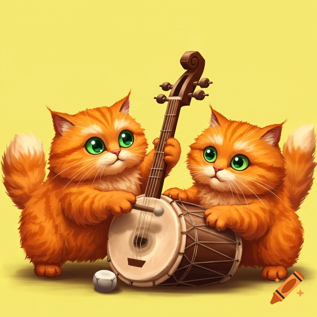 Two orange cartoon cats play musical instruments against a yellow background.