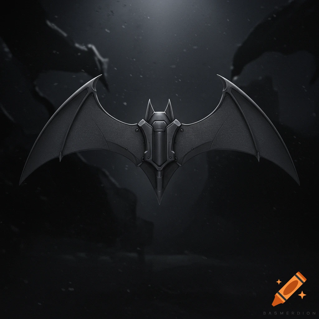 A dark, metallic bat symbol tactical shield against a dark background.