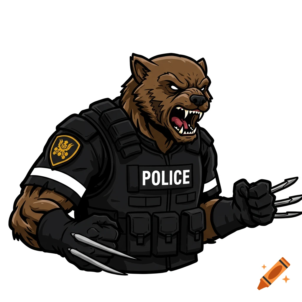 A cartoon mascot of a wolverine wearing a police vest with claws.
