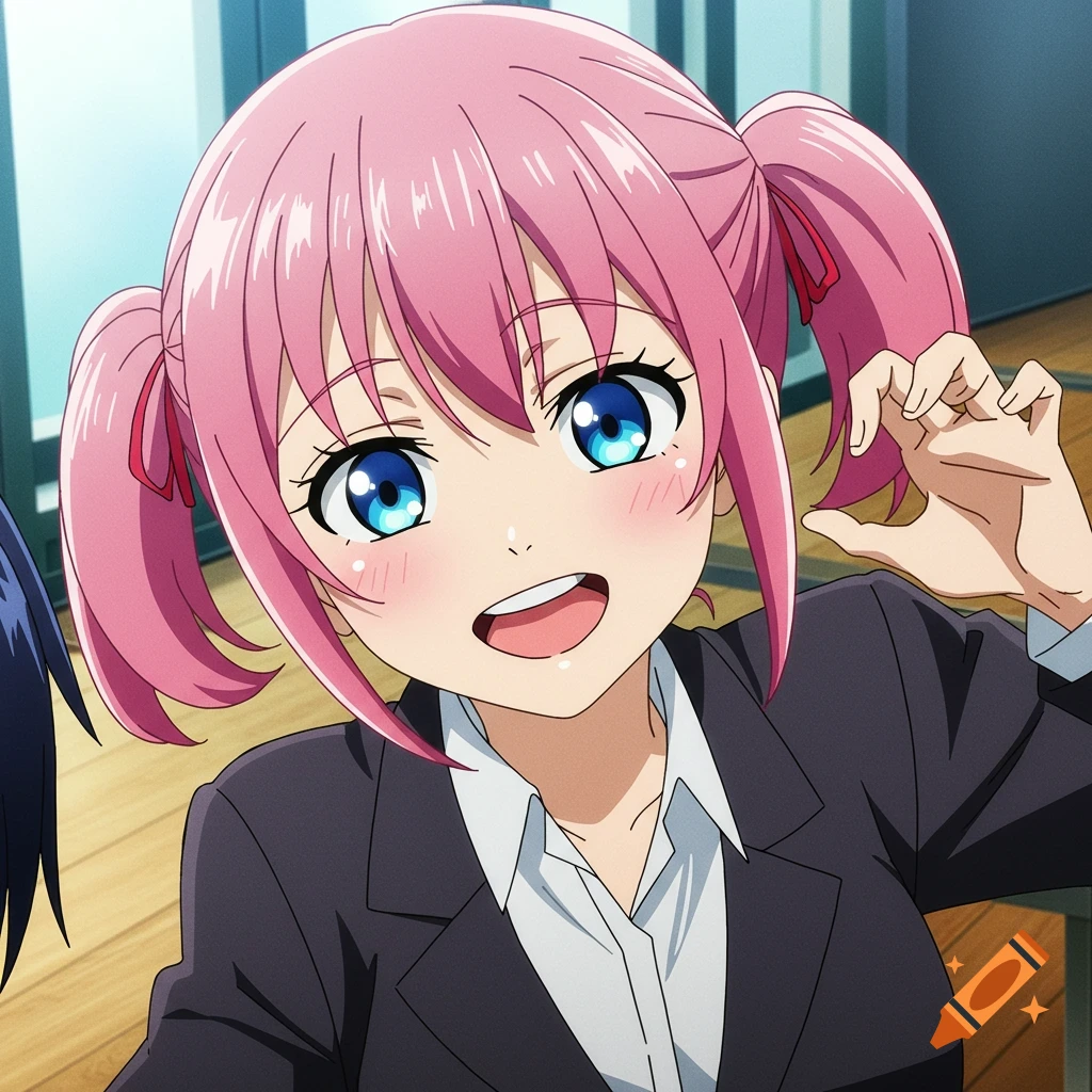 Smiling anime girl with pink pigtails and blue eyes in a suit jacket making a hand gesture.