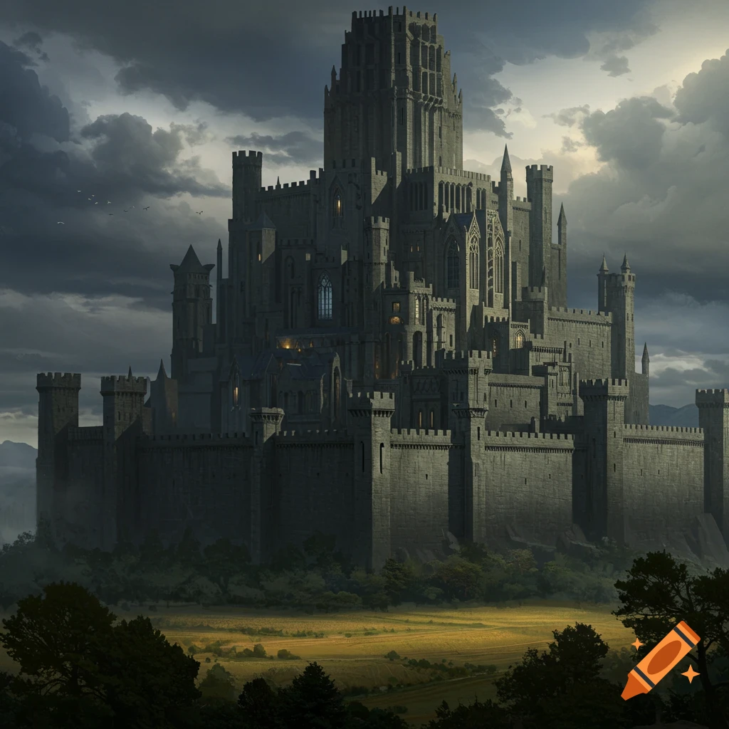 A vast, dark fantasy castle stands under stormy clouds, overlooking a field.