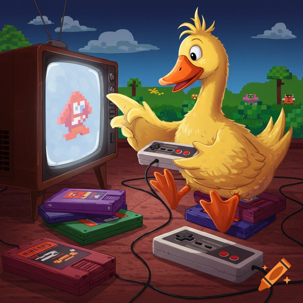 A cartoon duck plays a retro video game on an old television.