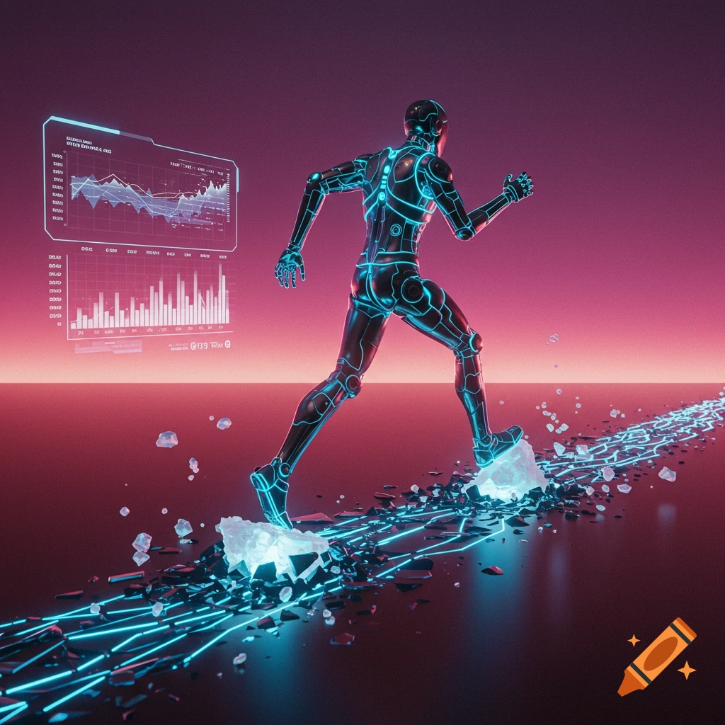 Cyberpunk robot running on light path with shattered crystals, near holographic data graphs against a pink-purple sky.