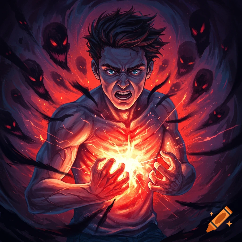 A man with glowing chest energy battling shadowy figures.
