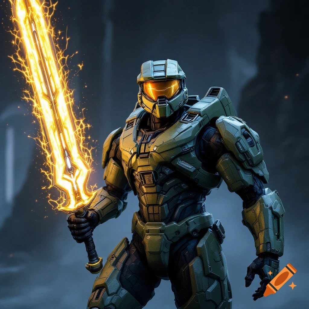 Master Chief in armor holding a glowing energy sword