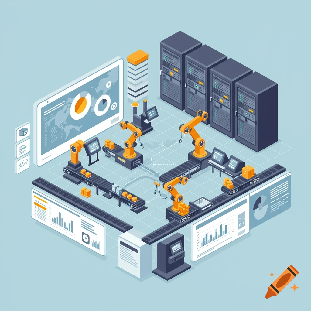 Isometric flat design illustration of a smart factory with robots, conveyors, and data screens.