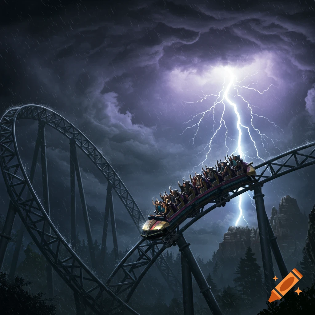 A roller coaster car full of people cresting a hill during a thunderstorm with a lightning strike.
