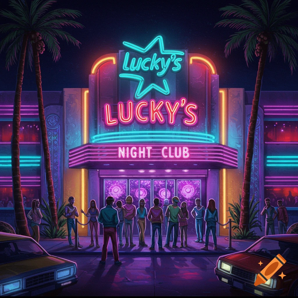 Neon-lit Lucky's Nightclub with people, palm trees, cars outside.