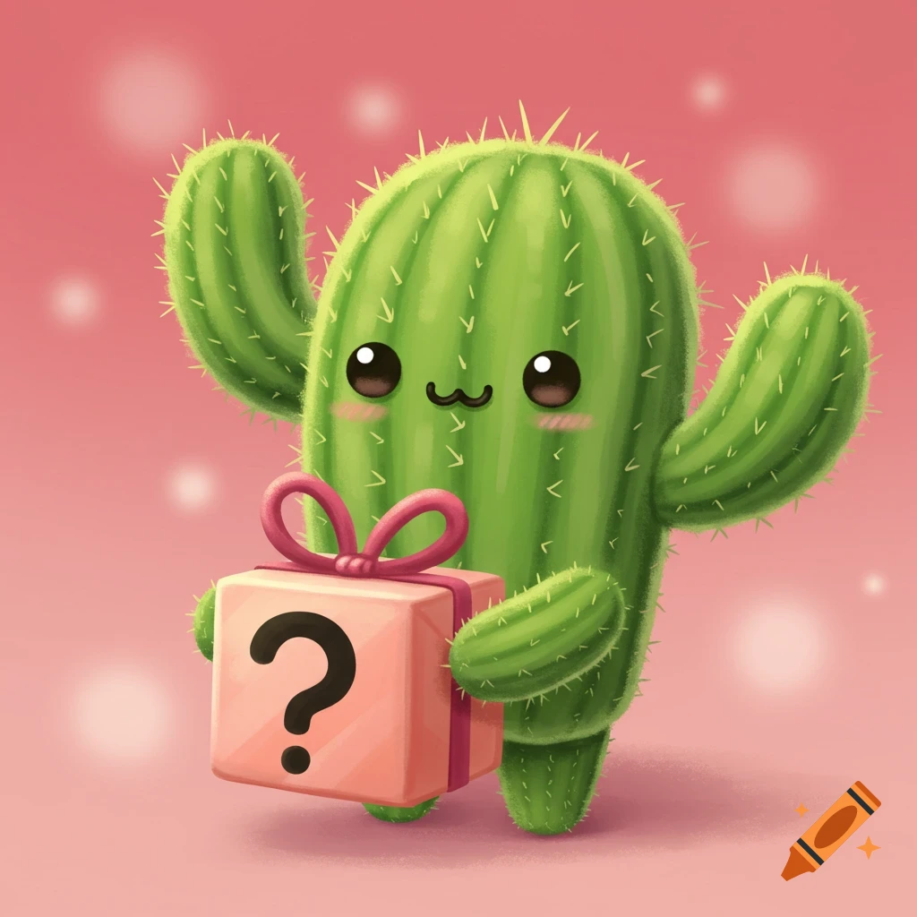 Cute cartoon cactus character holding a pink gift box with a question mark.