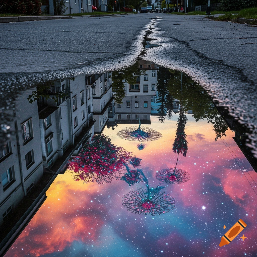 A puddle reflection on a street shows a starry sky with fantastical abstract trees, contrasting with the real world above.