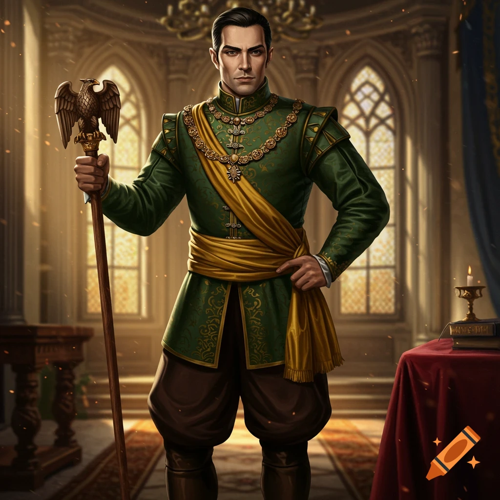 A man in ornate green and gold fantasy attire holding a staff with an eagle finial in a grand hall.