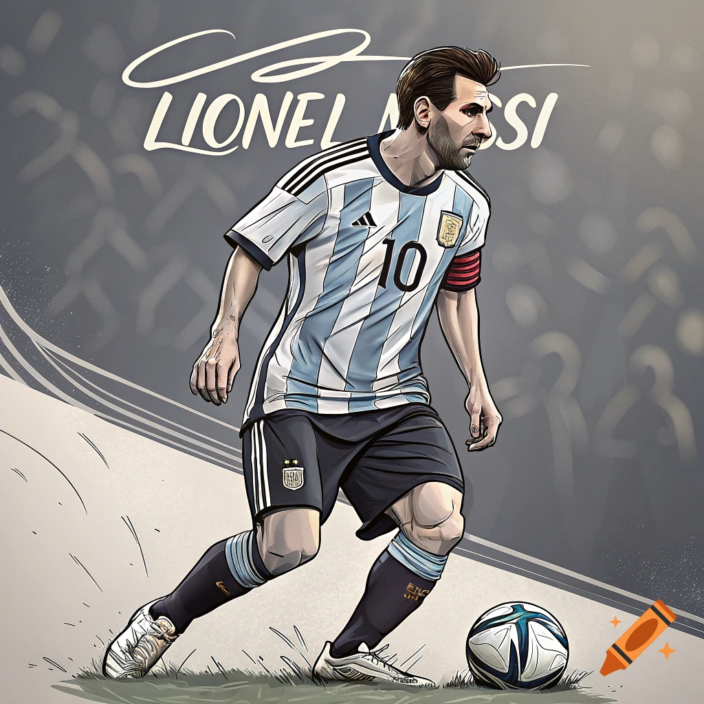 Illustration of soccer player Lionel Messi in uniform dribbling a ball.