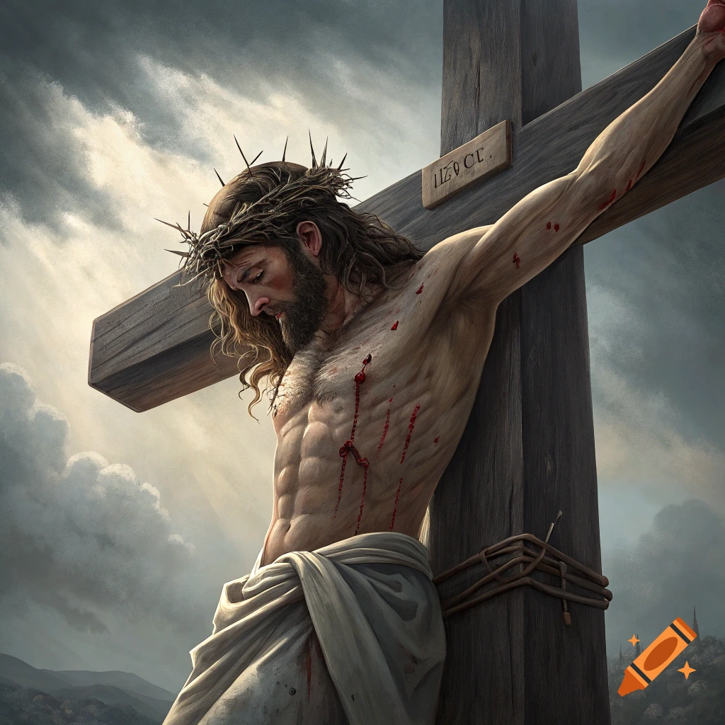 Jesus Christ is depicted on the cross, wearing a crown of thorns, with blood from wounds. A cloudy sky is in the background. Digital art.