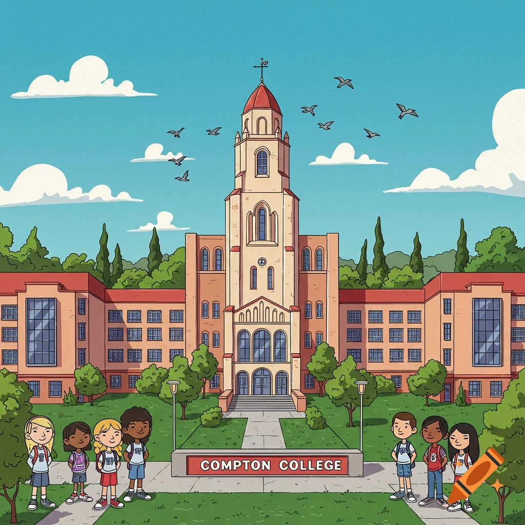 Cartoon image of a college building with a "COMPTON COLLEGE" sign and children in front.