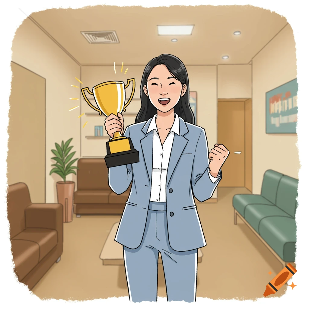 An illustration of a woman in a suit holding up a trophy in an office.
