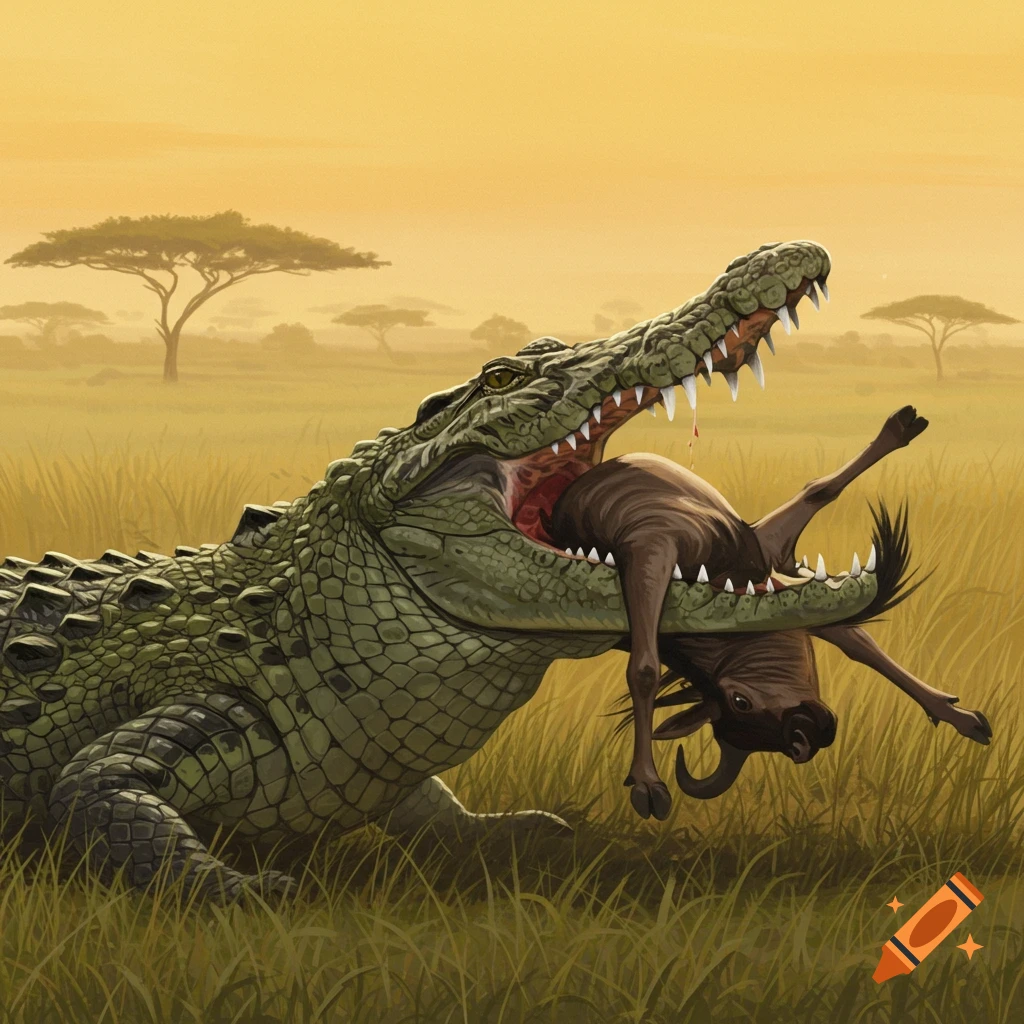 A crocodile bites a wildebeest in a savanna.