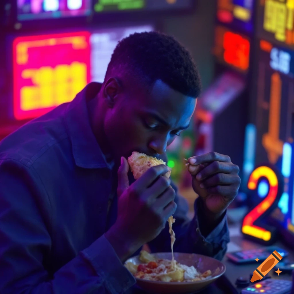 A man eats food in a futuristic room with neon lights and screens.
