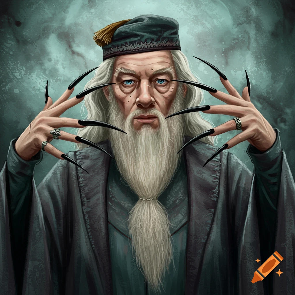 An older man with a long white beard, hat, and very long black fingernails holding up his hands.